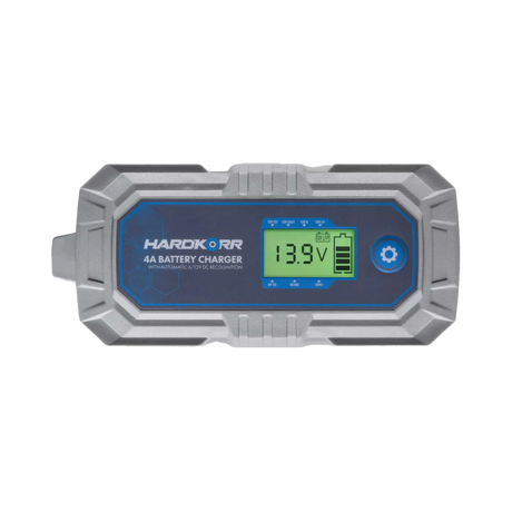 Hardkorr 4A 240V AC battery charger straight top view with LCD screen and blue button.