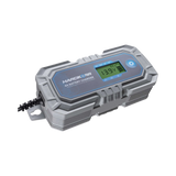 Hardkorr 4A 240V AC battery charger angled top view with LCD screen and attached cable.