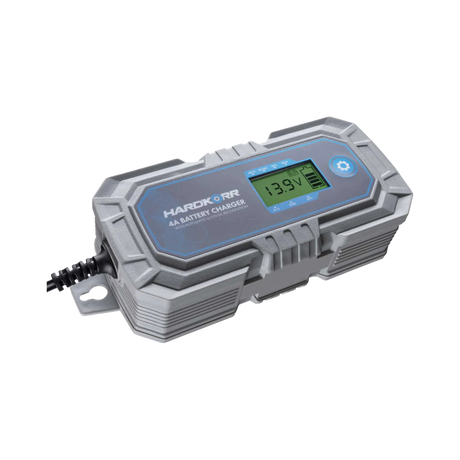 Hardkorr 4A 240V AC battery charger angled top view with LCD screen and attached cable.