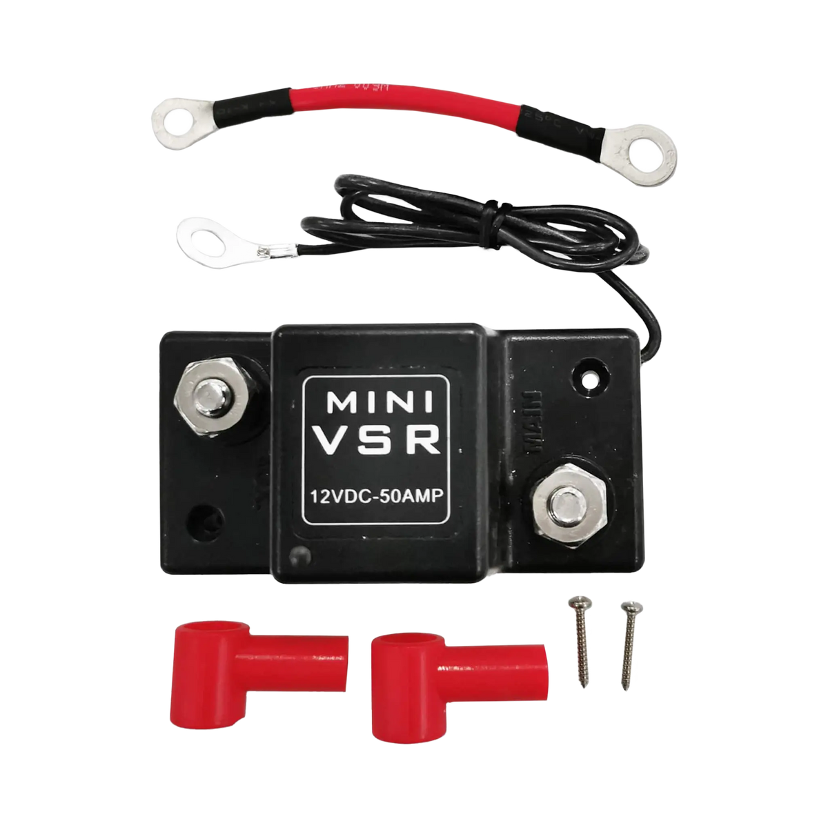 Hardkorr 50A 12V dual battery voltage sensitive relay with positive and negative leads, terminal covers and screws.