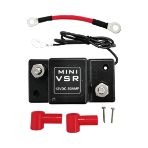 Hardkorr 50A 12V dual battery voltage sensitive relay with positive and negative leads, terminal covers and screws.