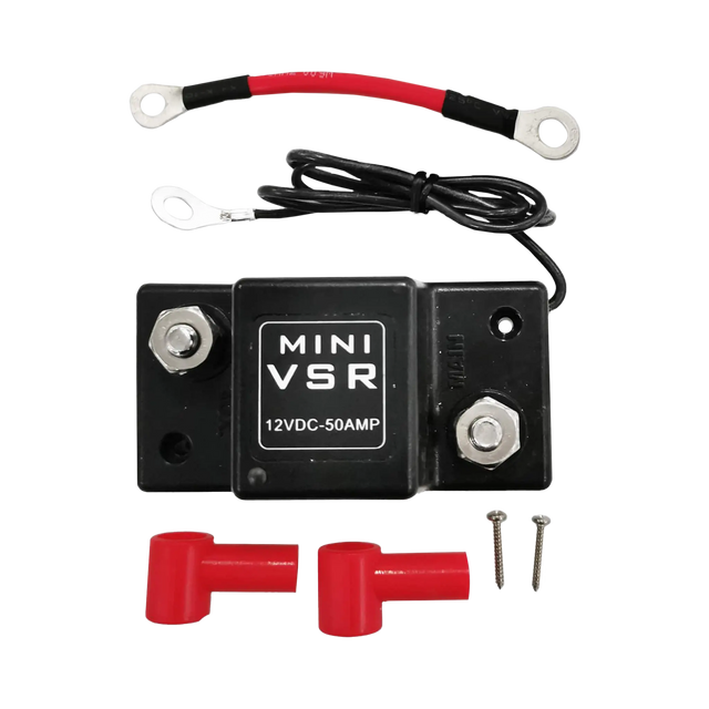 Hardkorr 50A 12V dual battery voltage sensitive relay with positive and negative leads, terminal covers and screws.
