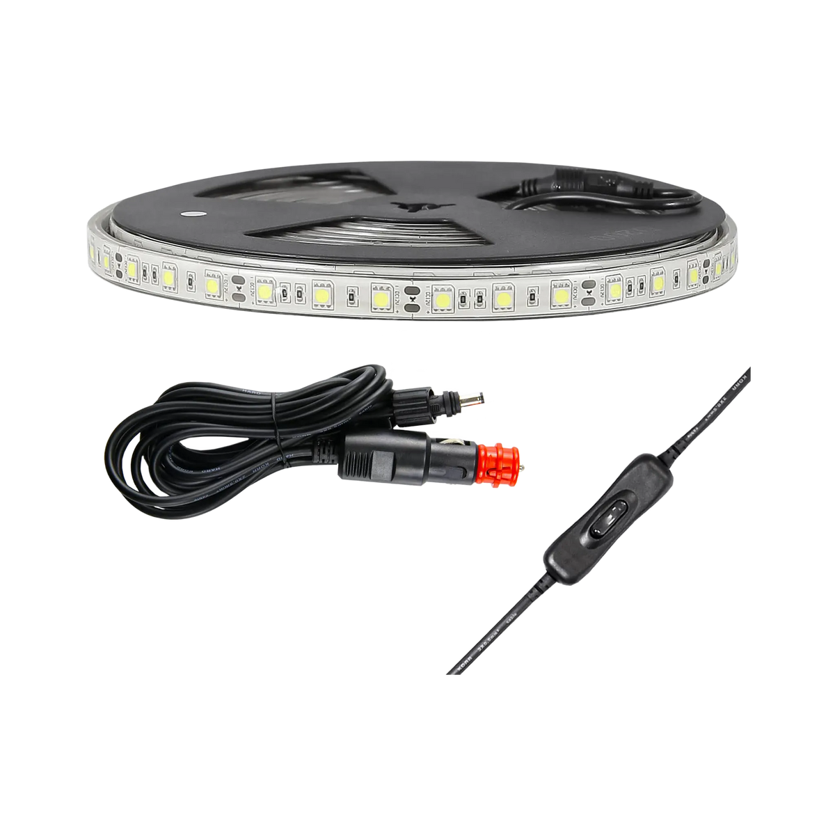 Hardkorr 5m white flexible LED tape light on a reel with power lead, vehicle plug and dimmer.