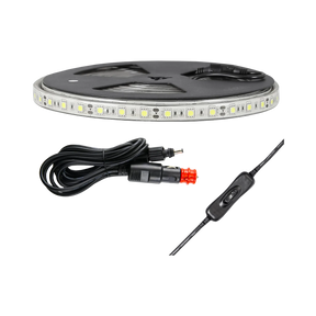 Hardkorr 5m white flexible LED tape light on a reel with power lead, vehicle plug and dimmer.