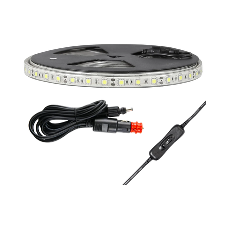 Hardkorr 5m white flexible LED tape light on a reel with power lead, vehicle plug and dimmer.
