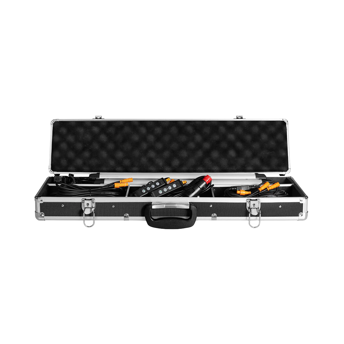 Hardkorr 6 bar LED camp light kit in an open case with dimmers and a power plug visible among the cables.
