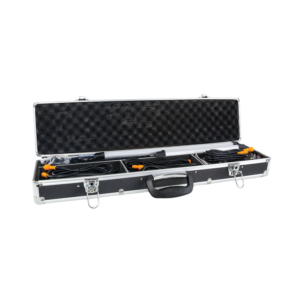 Hardkorr 6 bar LED camp light kit in an angled open case view with light bars and coiled cables in compartments.
