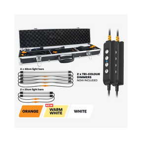 Hardkorr 6 bar LED camp light kit graphic with an open case, two dimmers and three lighting colour options.