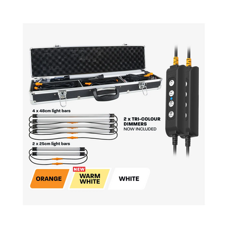 Hardkorr 6 bar LED camp light kit graphic with an open case, two dimmers and three lighting colour options.