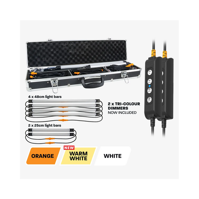 Hardkorr 6 bar LED camp light kit graphic with an open case, two dimmers and three lighting colour options.