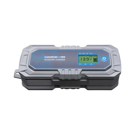 Hardkorr 6A 240V AC battery charger low front view with LCD screen and ribbed casing.