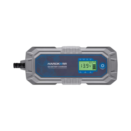 Hardkorr 6A 240V AC battery charger straight top view with LCD screen and blue button.