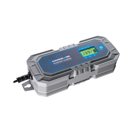 Hardkorr 6A 240V AC battery charger angled top view with LCD screen and cable.