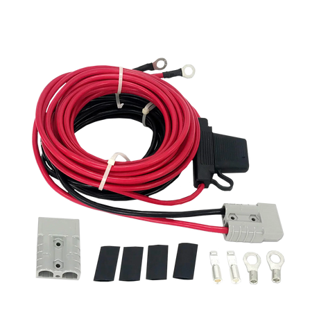 Hardkorr 8 gauge dual battery wiring kit with coiled positive and negative cables and grey Anderson plugs.