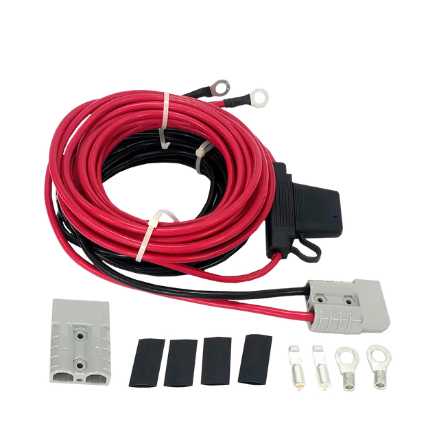 Hardkorr 8 gauge dual battery wiring kit with coiled positive and negative cables and grey Anderson plugs.