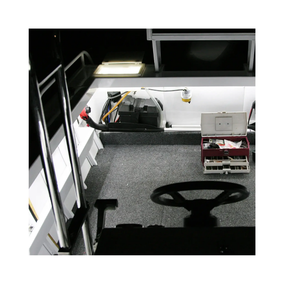 Hardkorr 8m Tri-Colour LED boat lights illuminating the rear deck and battery area in white.