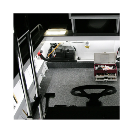 Hardkorr 8m Tri-Colour LED boat lights illuminating the rear deck and battery area in white.