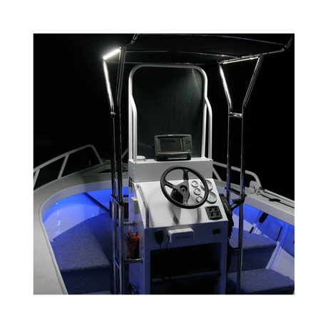 Hardkorr 8m Tri-Colour LED boat lights installed with blue deck lighting and white lights above the helm.