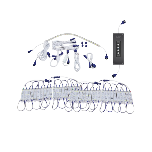 Hardkorr 8m Tri-Colour LED boat light kit with LED modules, cables, connectors and a dimmer panel.