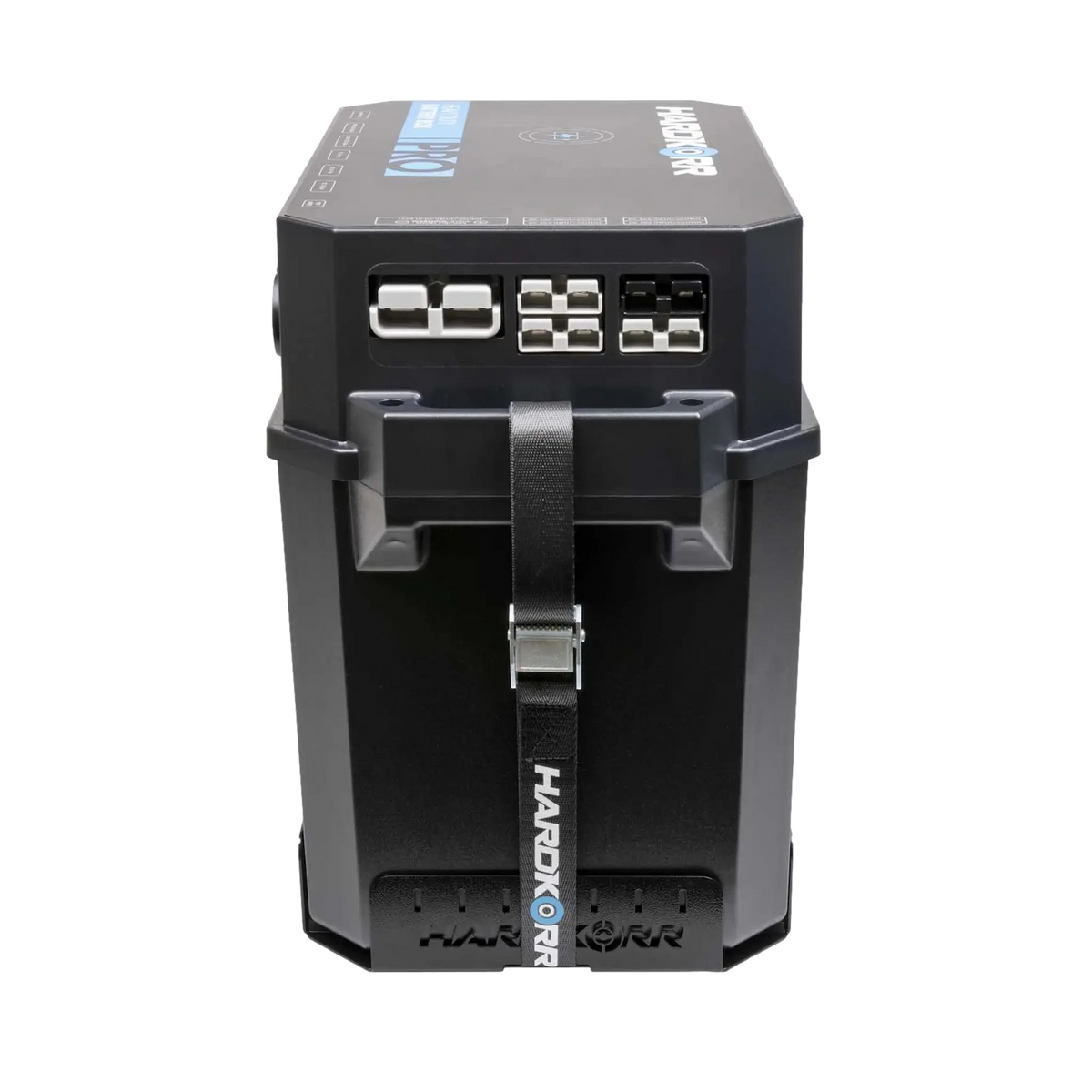 Hardkorr Battery Box Pro rear view in the mounting tray with strap attached.