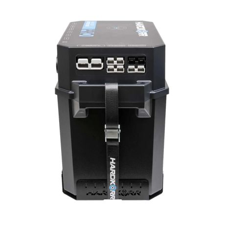 Hardkorr Battery Box Pro rear view in the mounting tray with strap attached.