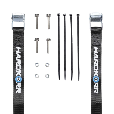Hardkorr Battery Box Mounting Tray straps, bolts, washers, and cable ties laid out.