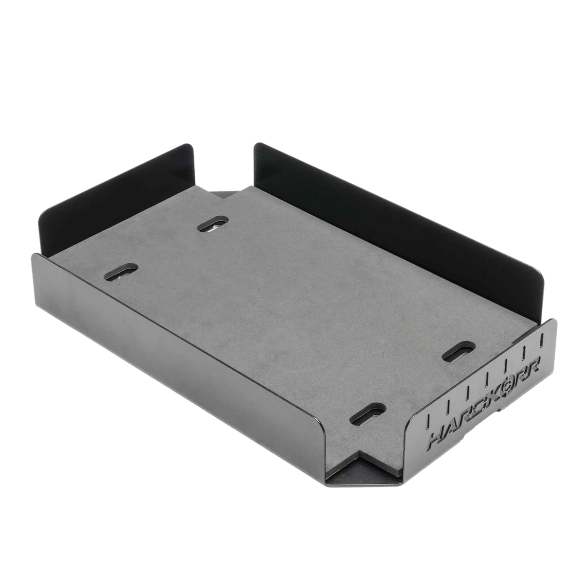 Hardkorr Battery Box Mounting Tray angled front view with side walls.