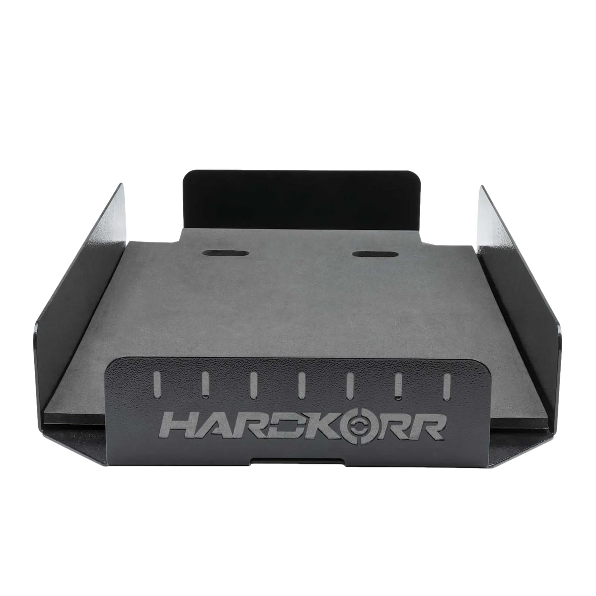 Hardkorr Battery Box Mounting Tray front view with logo cut into it.