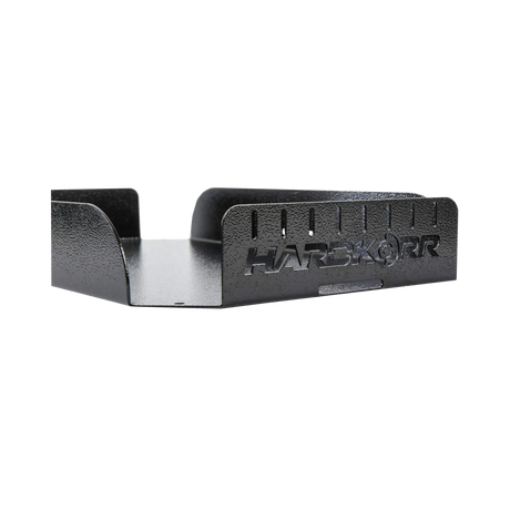 Hardkorr battery box mounting tray end close up with the cut out Hardkorr logo and strap slots.