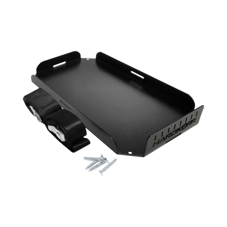 Hardkorr battery box mounting tray with straps and fixing screws laid beside its raised edges.