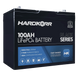Hardkorr Black 100Ah 12V lithium battery front-left view with label and top terminals.