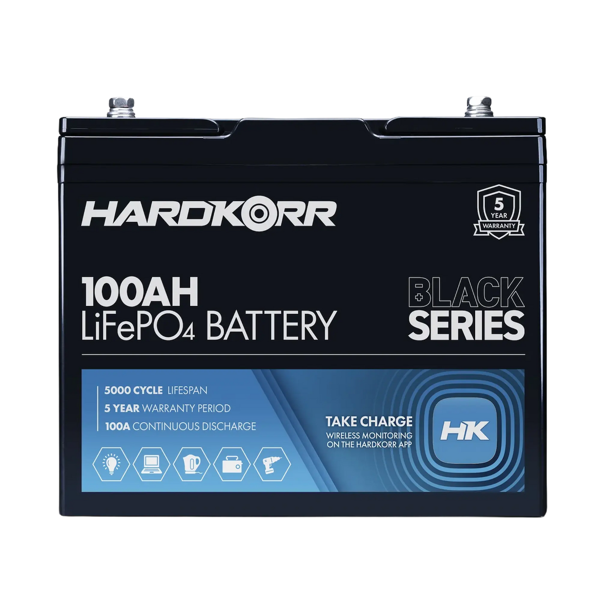 Hardkorr Black 100Ah 12V lithium battery straight front view with Black Series label.