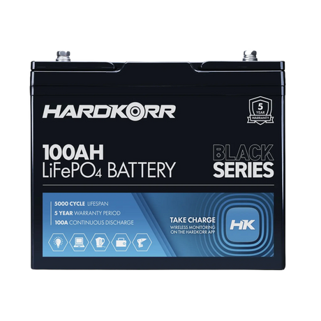 Hardkorr Black 100Ah 12V lithium battery straight front view with Black Series label.