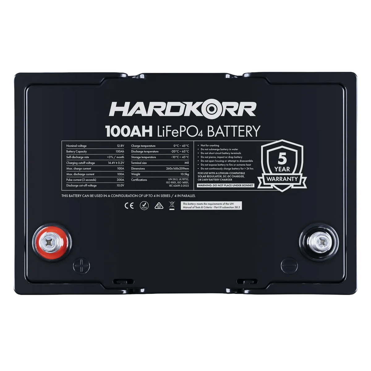 Hardkorr Black 100Ah 12V lithium battery top view with specification label and terminals.