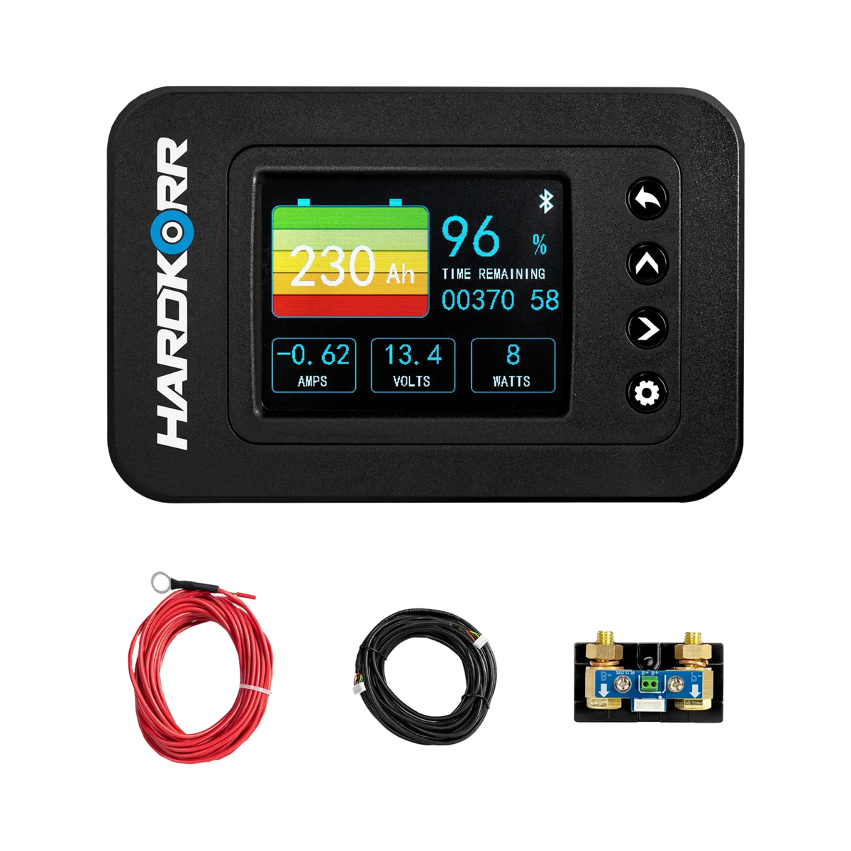 Hardkorr Bluetooth battery monitor kit with a colour display, 100V/500A shunt and coiled leads.