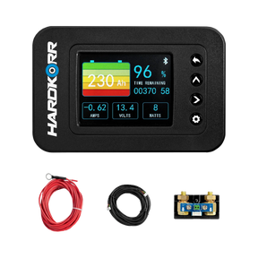 Hardkorr Bluetooth battery monitor kit with a colour display, 100V/500A shunt and coiled leads.