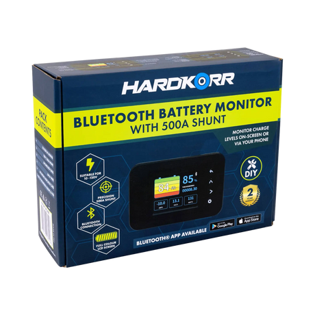 Hardkorr Bluetooth battery monitor packaging front angled view with a monitor illustration and 500A shunt label.