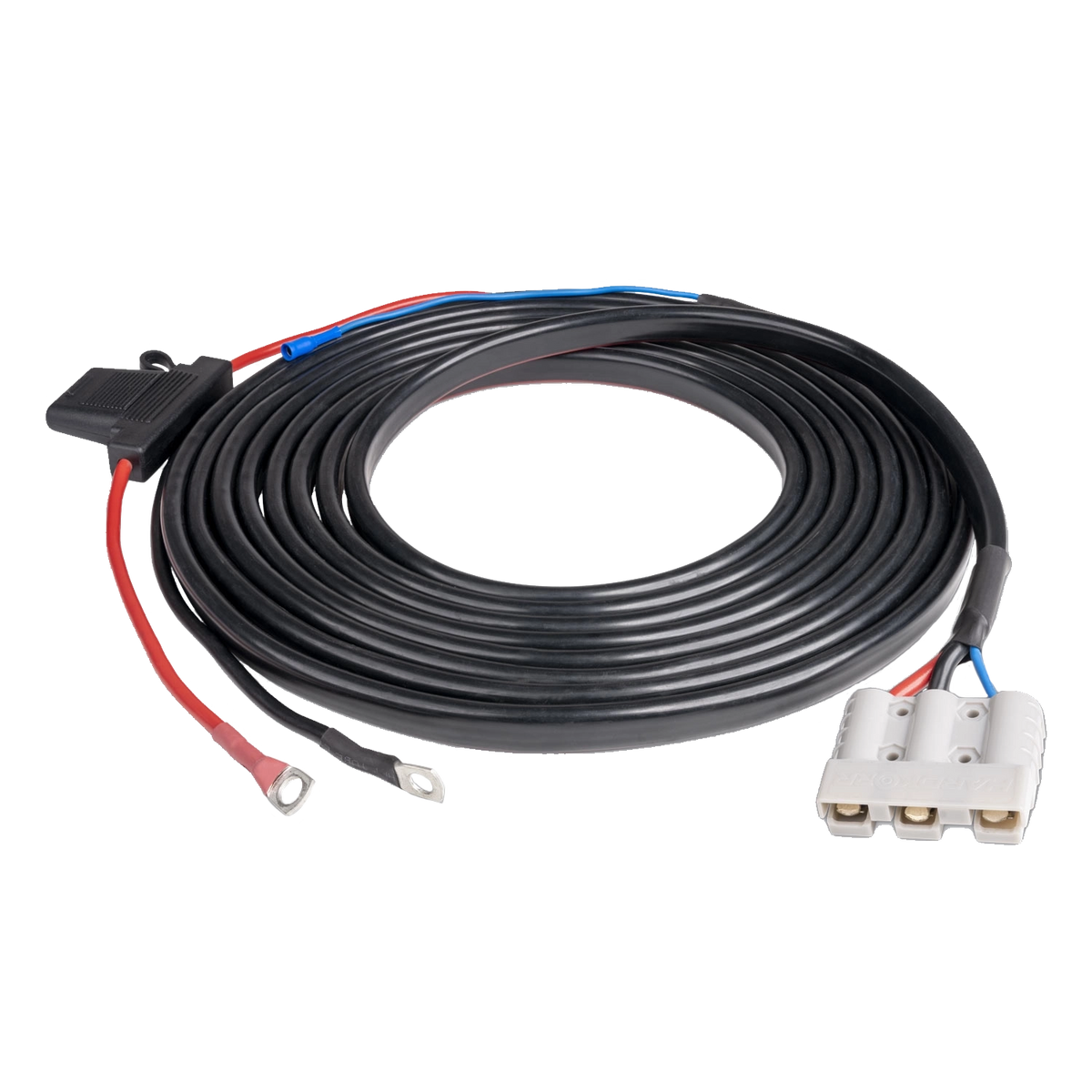 Hardkorr 25A DCDC charger wiring kit with positive and negative ring terminal leads and a grey Anderson plug.