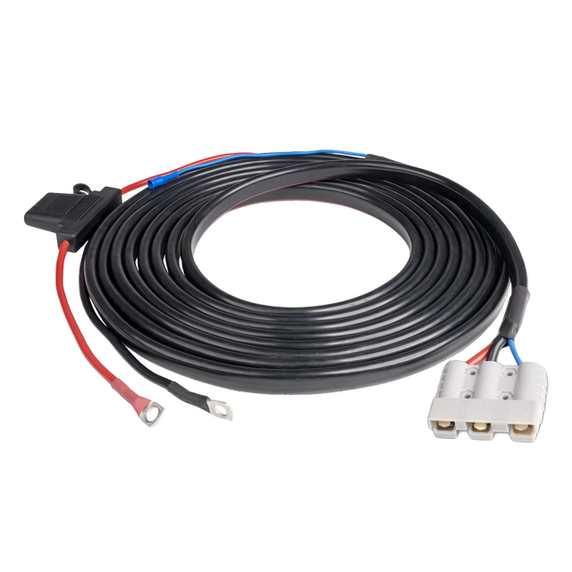 Hardkorr 25A DCDC charger wiring kit with positive and negative ring terminal leads and a grey Anderson plug.