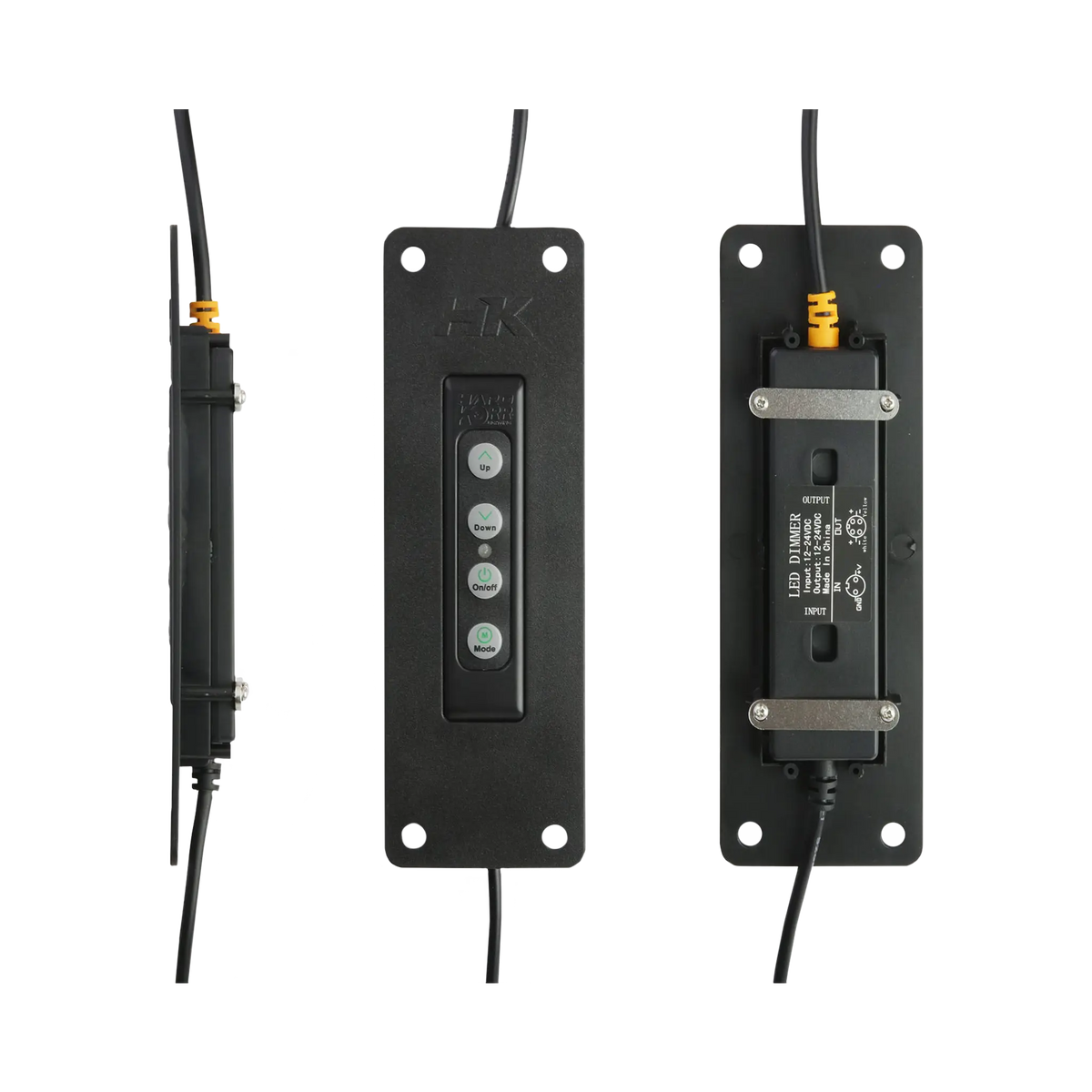 Hardkorr dimmer flush mount panel in side, front and rear views with the dimmer fitted.