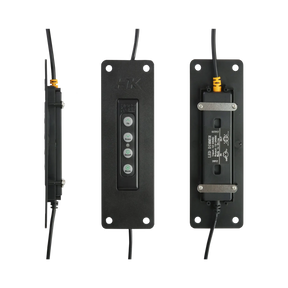 Hardkorr dimmer flush mount panel in side, front and rear views with the dimmer fitted.