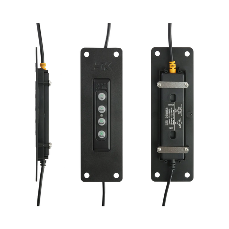 Hardkorr dimmer flush mount panel in side, front and rear views with the dimmer fitted.