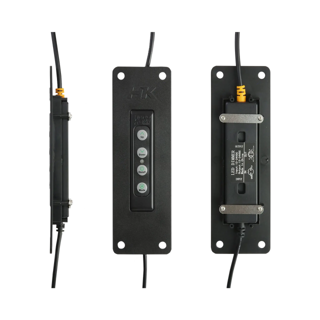 Hardkorr dimmer flush mount panel in side, front and rear views with the dimmer fitted.