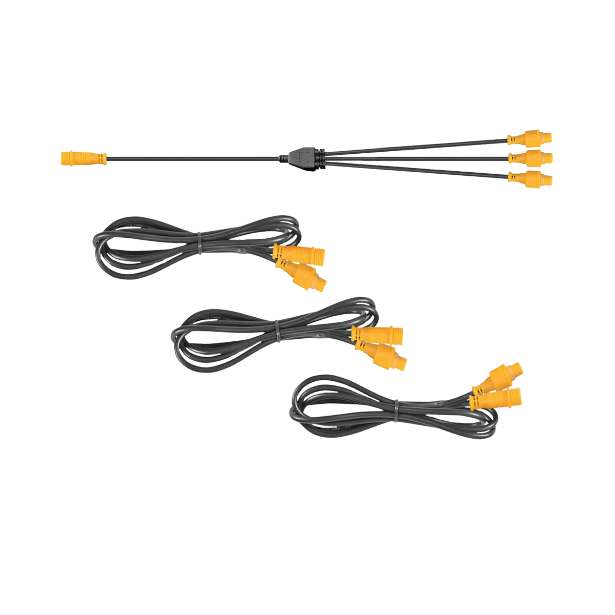 Hardkorr extension cable kit with three coiled leads and a splitter, all with orange 4 pin plugs.