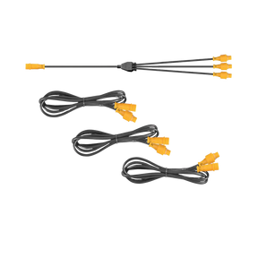 Hardkorr extension cable kit with three coiled leads and a splitter, all with orange 4 pin plugs.