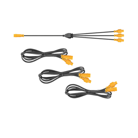 Hardkorr extension cable kit with three coiled leads and a splitter, all with orange 4 pin plugs.