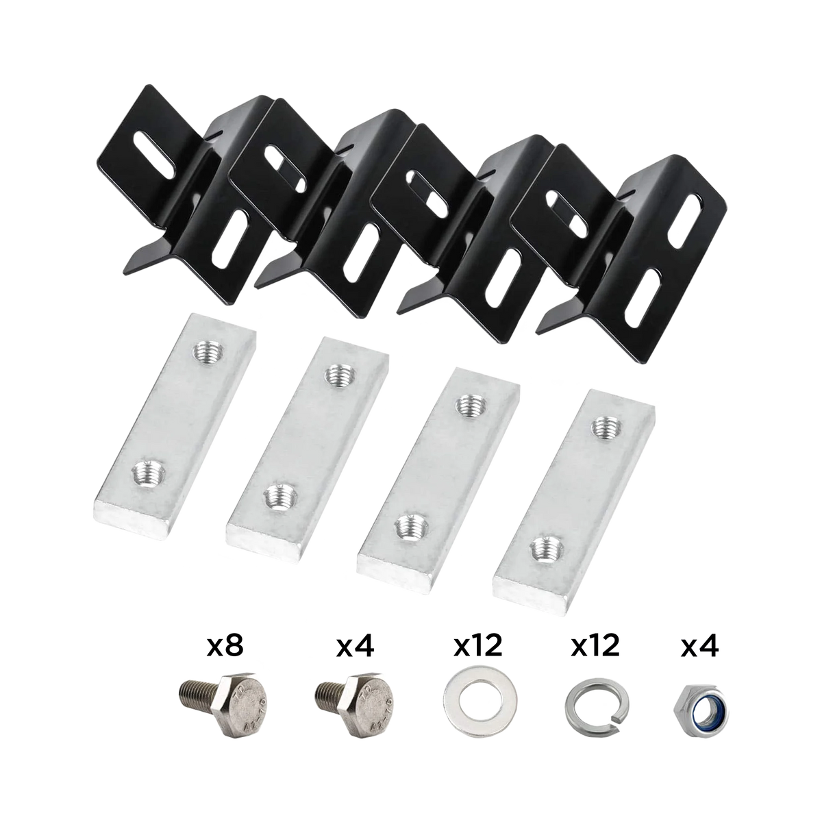 Hardkorr black solar panel roof rack mounting bracket kit with slotted brackets, metal plates, bolts, washers and nuts.