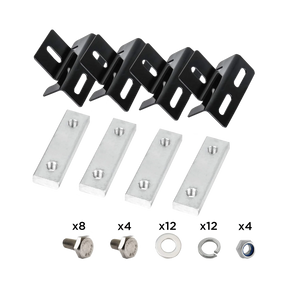 Hardkorr black solar panel roof rack mounting bracket kit with slotted brackets, metal plates, bolts, washers and nuts.