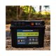 Black Hardkorr battery box front view on forest ground with its digital display illuminated.