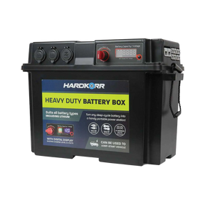 Black Hardkorr battery box front right view with covered sockets, a digital display and side Anderson ports.